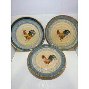 Everyday Gibson Rooster Salad Plate Blue Rim Hand Painted Set of 3 / 8.25"
